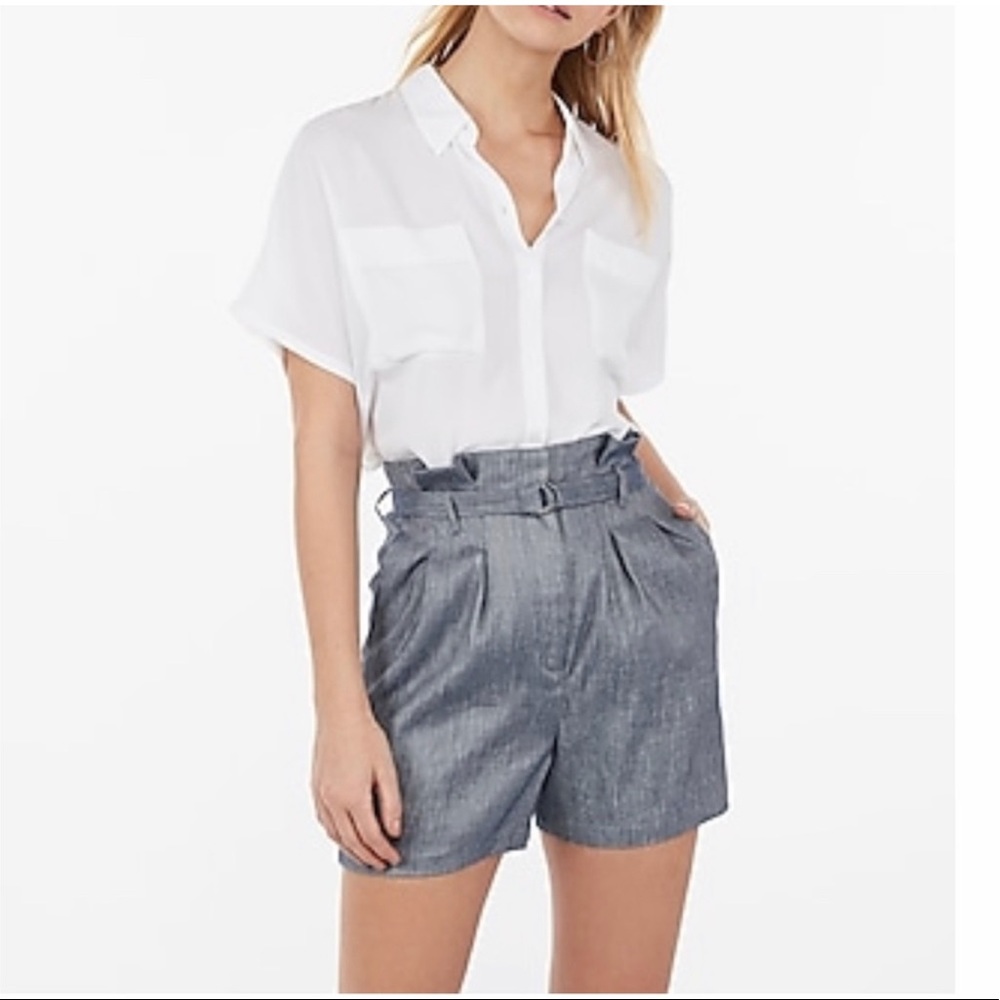 Express High Waist Paperbag Shorts in Denim Gray